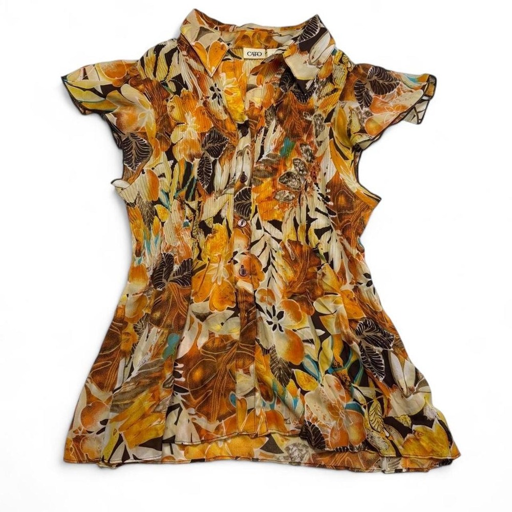 Vintage Y2K Cato  70s Retro Floral Plisse Crinkle Button Up Blouse